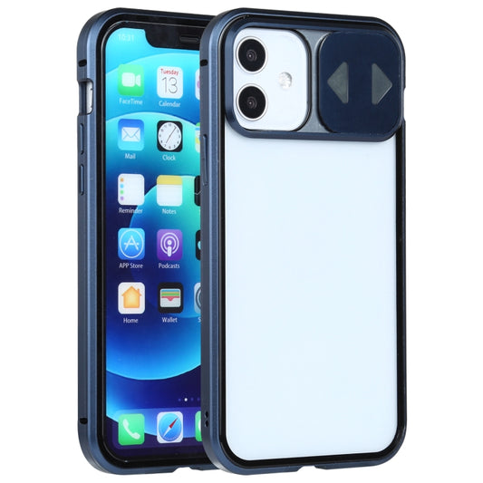Sliding lens cover mirror design iPhone 12 mini case with magnetic metal frame and tempered glass