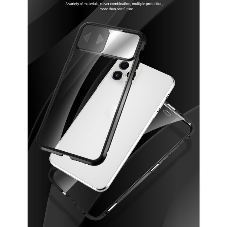 Sliding Lens Cover Mirror Design Four-corner Shockproof Magnetic Metal Frame Double-sided Tempered Glass Case