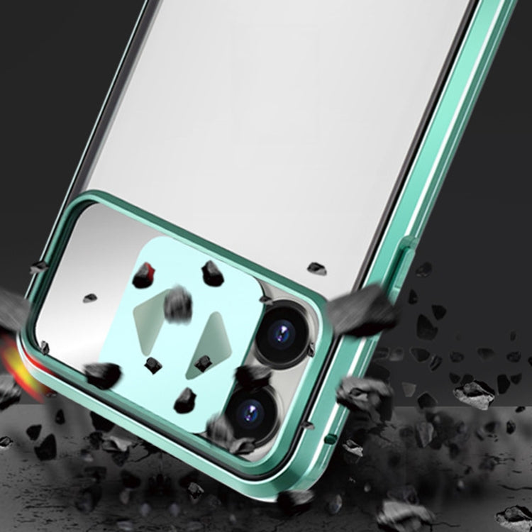 Sliding Lens Cover Mirror Design Four-corner Shockproof Magnetic Metal Frame Double-sided Tempered Glass Case