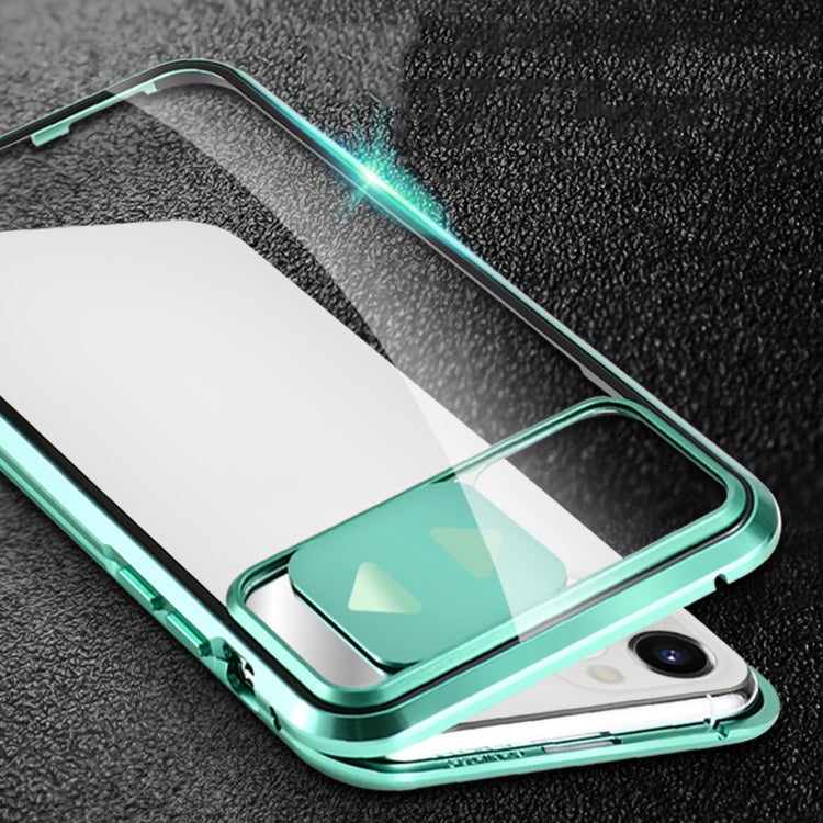 Sliding Lens Cover Mirror Design Four-corner Shockproof Magnetic Metal Frame Double-sided Tempered Glass Case