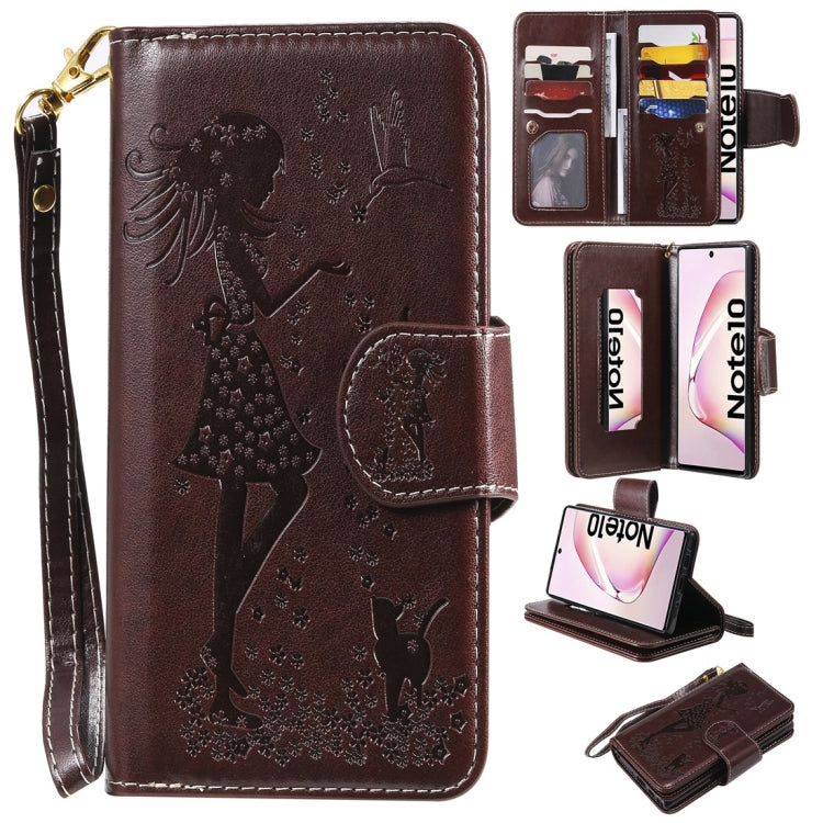 Woman and Cat Embossed Horizontal Flip Leather Case, with Wallet & Holder & Card Slots & Photo Frame & Mirror & Lanyard, For Galaxy Note 10