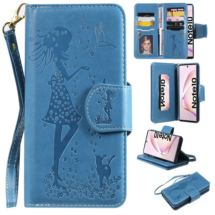 Woman and Cat Embossed Horizontal Flip Leather Case, with Wallet & Holder & Card Slots & Photo Frame & Mirror & Lanyard, For Galaxy Note 10