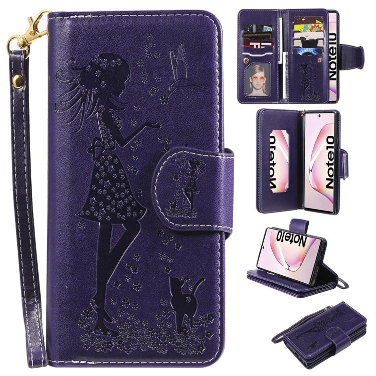 Woman and Cat Embossed Horizontal Flip Leather Case, with Wallet & Holder & Card Slots & Photo Frame & Mirror & Lanyard, For Galaxy Note 10