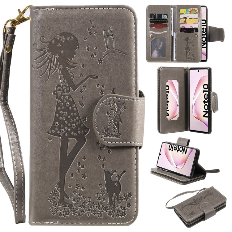 Woman and Cat Embossed Horizontal Flip Leather Case, with Wallet & Holder & Card Slots & Photo Frame & Mirror & Lanyard, For Galaxy Note 10