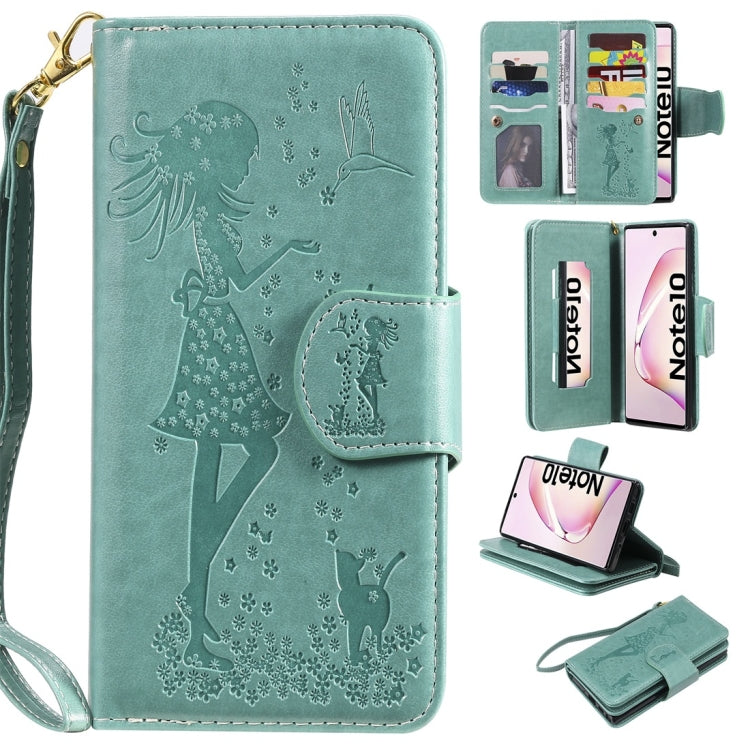 Woman and Cat Embossed Horizontal Flip Leather Case, with Wallet & Holder & Card Slots & Photo Frame & Mirror & Lanyard, For Galaxy Note 10
