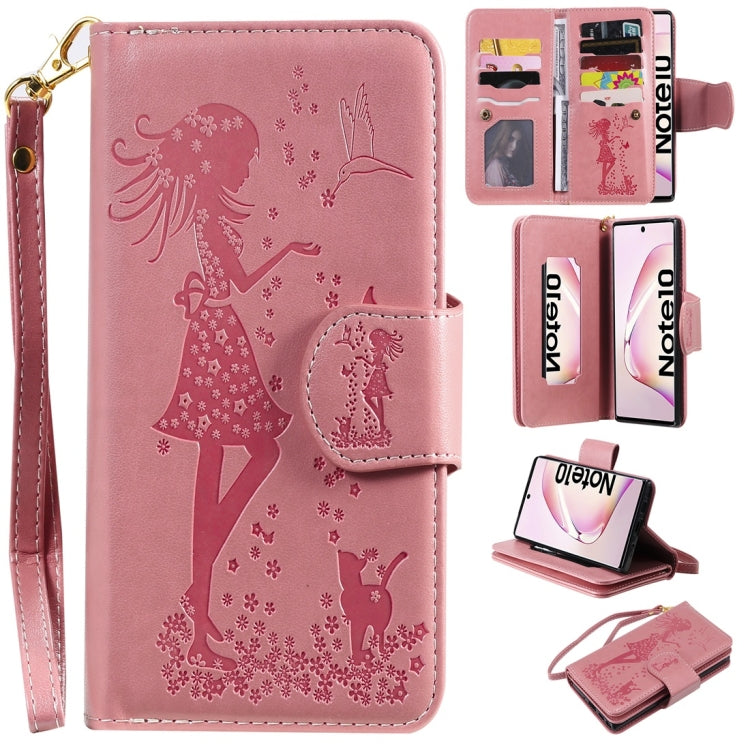 Woman and Cat Embossed Horizontal Flip Leather Case, with Wallet & Holder & Card Slots & Photo Frame & Mirror & Lanyard, For Galaxy Note 10