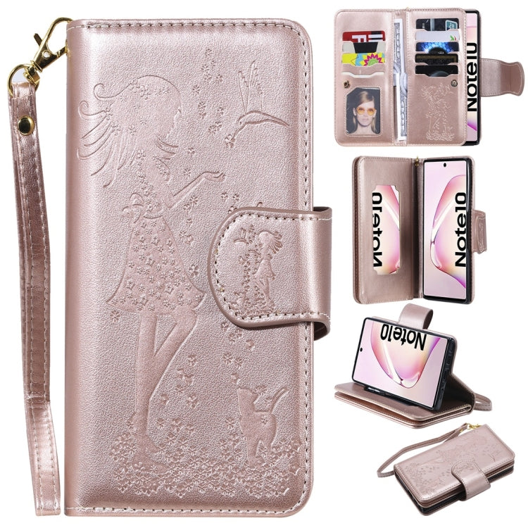 Woman and Cat Embossed Horizontal Flip Leather Case, with Wallet & Holder & Card Slots & Photo Frame & Mirror & Lanyard, For Galaxy Note 10