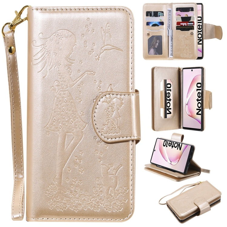 Woman and Cat Embossed Horizontal Flip Leather Case, with Wallet & Holder & Card Slots & Photo Frame & Mirror & Lanyard, For Galaxy Note 10