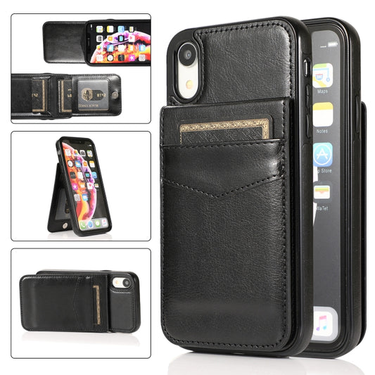 Dual-layer iPhone case with card slots and kickstand holder in solid colors