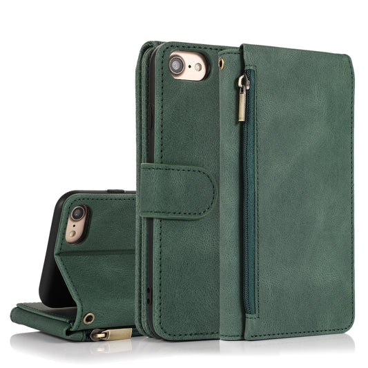 Crazy Horse leather iPhone wallet case with zipper, card slots, and lanyard attachment