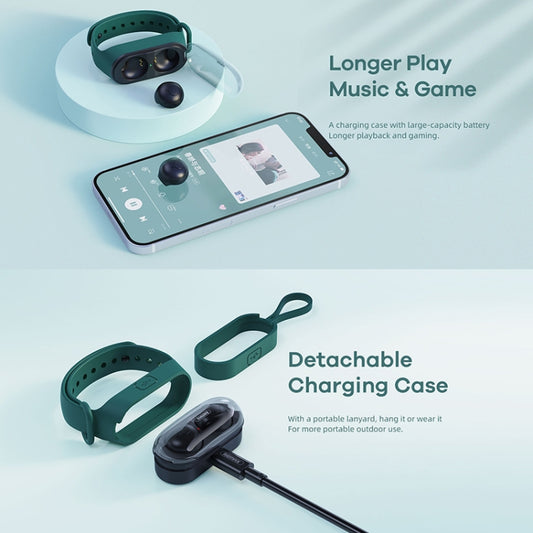 Wristband charging case open displaying both true wireless earbuds inside