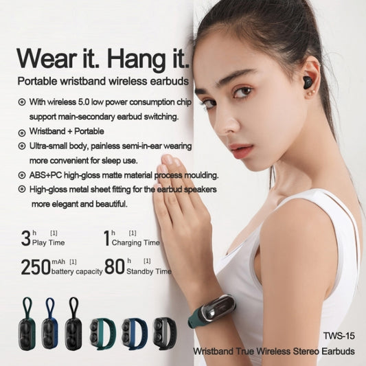 Remax TWS-15 portable Bluetooth earphones with wristband carrying case packaging