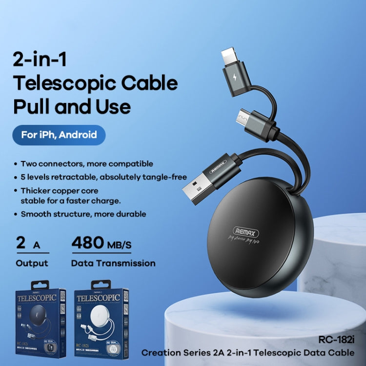 Remax 2A 2 In 1 Creation Series Telescopic Charging Data Cable, Length: 90cm, 8 Pin