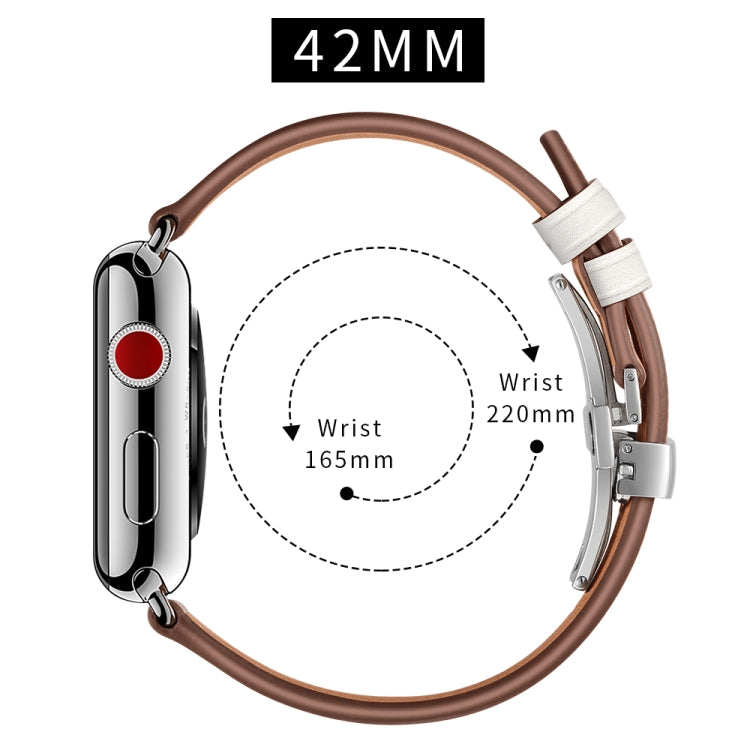 Genuine Leather + Butterfly Silver Buckle Replacement Watchbands For Apple Watch Series 6 & SE & 5 & 4 44mm / 3 & 2 & 1 42mm, Silver Buckle For Apple Watch Series 7 45mm / 6 & SE & 5 & 4 44mm / 3 & 2 & 1 42mm