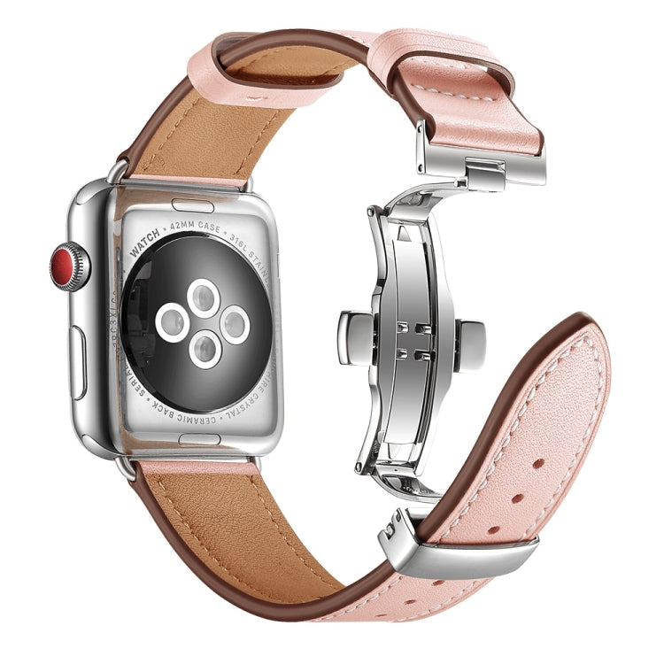 Genuine Leather + Butterfly Silver Buckle Replacement Watchbands For Apple Watch Series 6 & SE & 5 & 4 40mm / 3 & 2 & 1 38mm, Silver Buckle For Apple Watch Series 7 41mm / 6 & SE & 5 & 4 40mm / 3 & 2 & 1 38mm