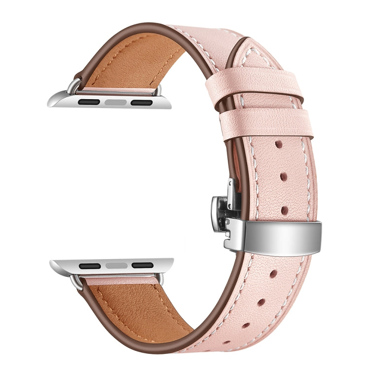 Genuine Leather + Butterfly Silver Buckle Replacement Watchbands For Apple Watch Series 6 & SE & 5 & 4 40mm / 3 & 2 & 1 38mm, Silver Buckle For Apple Watch Series 7 41mm / 6 & SE & 5 & 4 40mm / 3 & 2 & 1 38mm