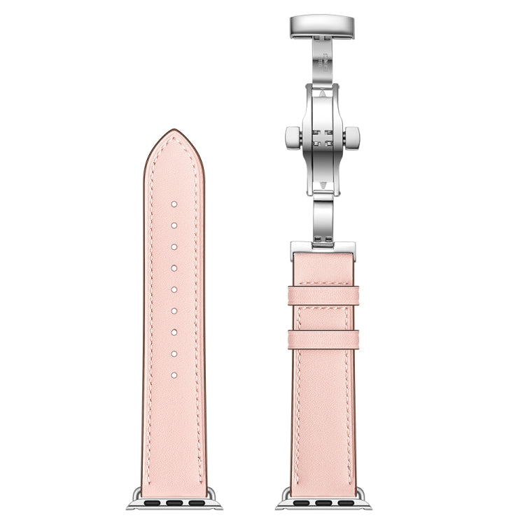 Genuine Leather + Butterfly Silver Buckle Replacement Watchbands For Apple Watch Series 6 & SE & 5 & 4 40mm / 3 & 2 & 1 38mm, Silver Buckle For Apple Watch Series 7 41mm / 6 & SE & 5 & 4 40mm / 3 & 2 & 1 38mm