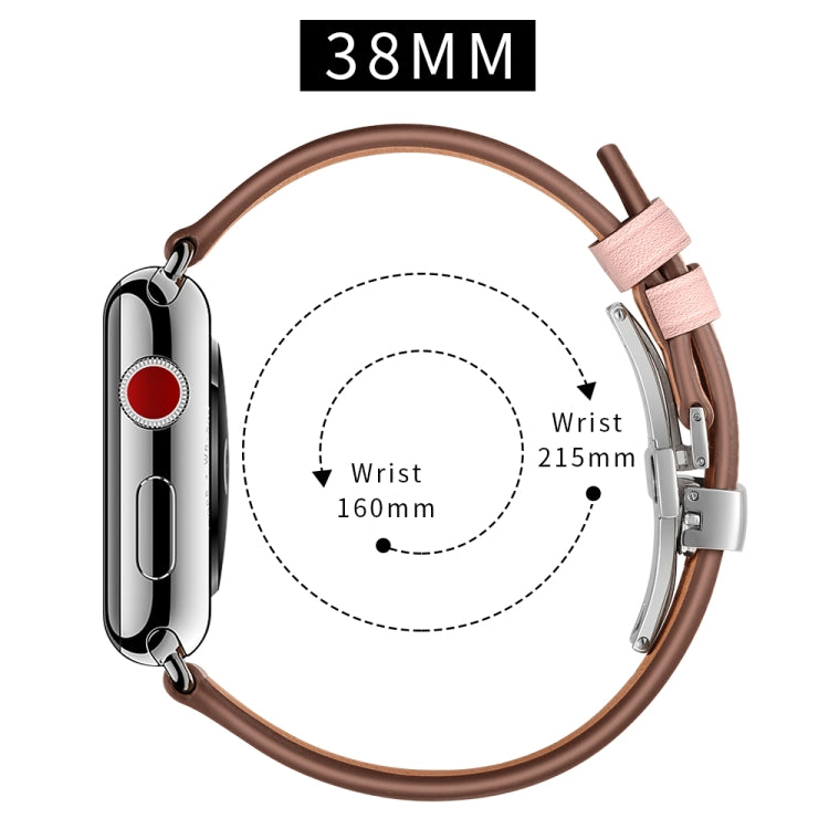 Genuine Leather + Butterfly Silver Buckle Replacement Watchbands For Apple Watch Series 6 & SE & 5 & 4 40mm / 3 & 2 & 1 38mm, Silver Buckle For Apple Watch Series 7 41mm / 6 & SE & 5 & 4 40mm / 3 & 2 & 1 38mm