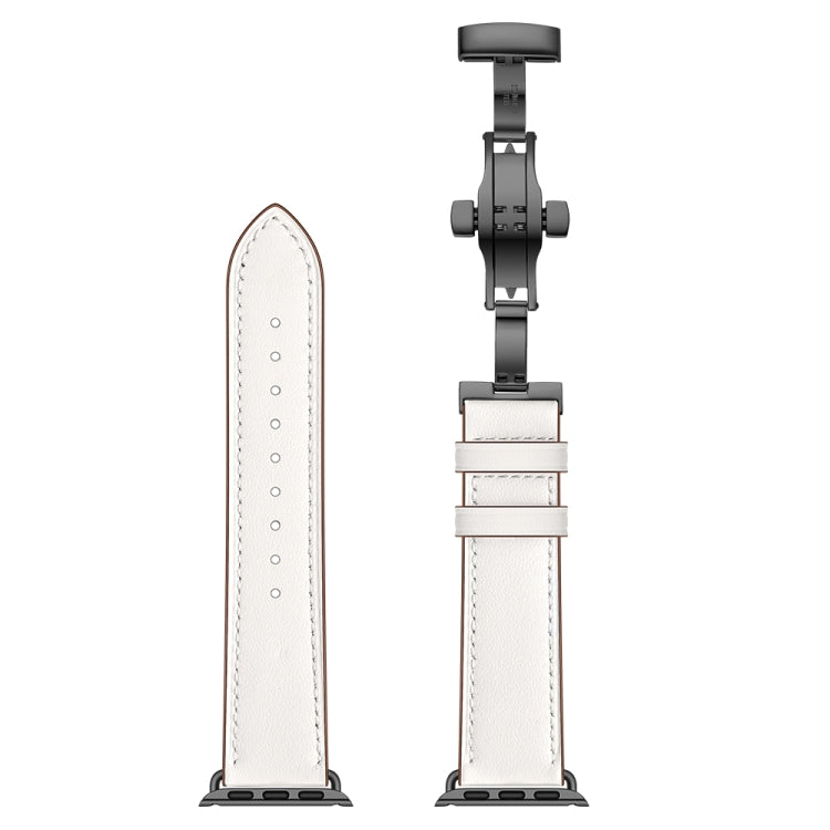 Genuine Leather + Butterfly Black Buckle Replacement Watchbands For Apple Watch Series 6 & SE & 5 & 4 44mm / 3 & 2 & 1 42mm, Black Buckle For Apple Watch Series 7 45mm / 6 & SE & 5 & 4 44mm / 3 & 2 & 1 42mm����������������������������������������������...