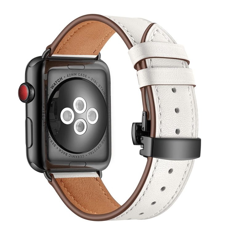 Genuine Leather + Butterfly Black Buckle Replacement Watchbands For Apple Watch Series 6 & SE & 5 & 4 44mm / 3 & 2 & 1 42mm, Black Buckle For Apple Watch Series 7 45mm / 6 & SE & 5 & 4 44mm / 3 & 2 & 1 42mm����������������������������������������������...