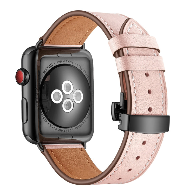 Genuine Leather + Butterfly Black Buckle Replacement Watchbands For Apple Watch Series 6 & SE & 5 & 4 44mm / 3 & 2 & 1 42mm, Black Buckle For Apple Watch Series 7 45mm / 6 & SE & 5 & 4 44mm / 3 & 2 & 1 42mm����������������������������������������������...