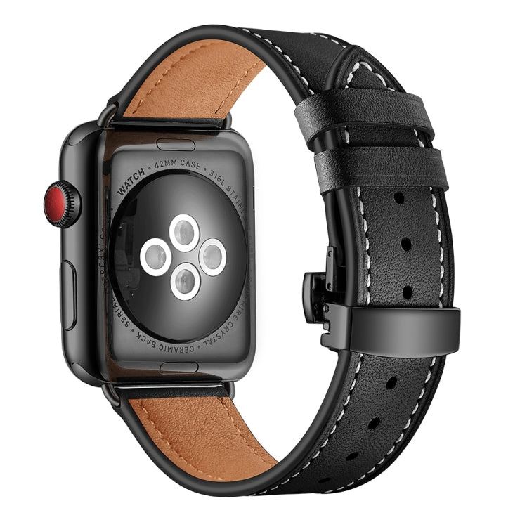 Genuine Leather + Butterfly Black Buckle Replacement Watchbands For Apple Watch Series 6 & SE & 5 & 4 44mm / 3 & 2 & 1 42mm, Black Buckle For Apple Watch Series 7 45mm / 6 & SE & 5 & 4 44mm / 3 & 2 & 1 42mm����������������������������������������������...