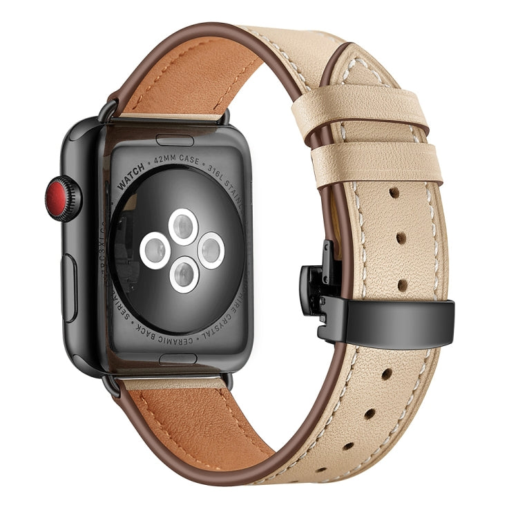 Genuine Leather + Butterfly Black Buckle Replacement Watchbands For Apple Watch Series 6 & SE & 5 & 4 44mm / 3 & 2 & 1 42mm, Black Buckle For Apple Watch Series 7 45mm / 6 & SE & 5 & 4 44mm / 3 & 2 & 1 42mm����������������������������������������������...