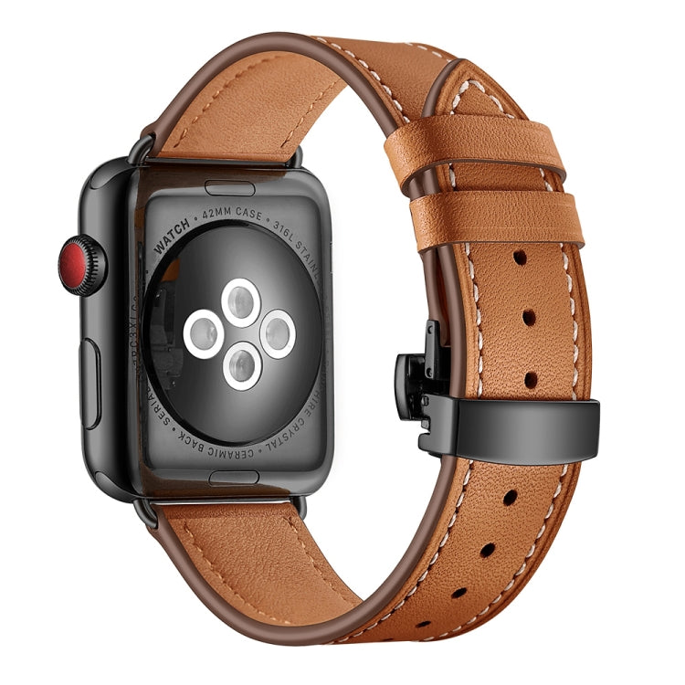 Genuine Leather + Butterfly Black Buckle Replacement Watchbands For Apple Watch Series 6 & SE & 5 & 4 44mm / 3 & 2 & 1 42mm, Black Buckle For Apple Watch Series 7 45mm / 6 & SE & 5 & 4 44mm / 3 & 2 & 1 42mm����������������������������������������������...