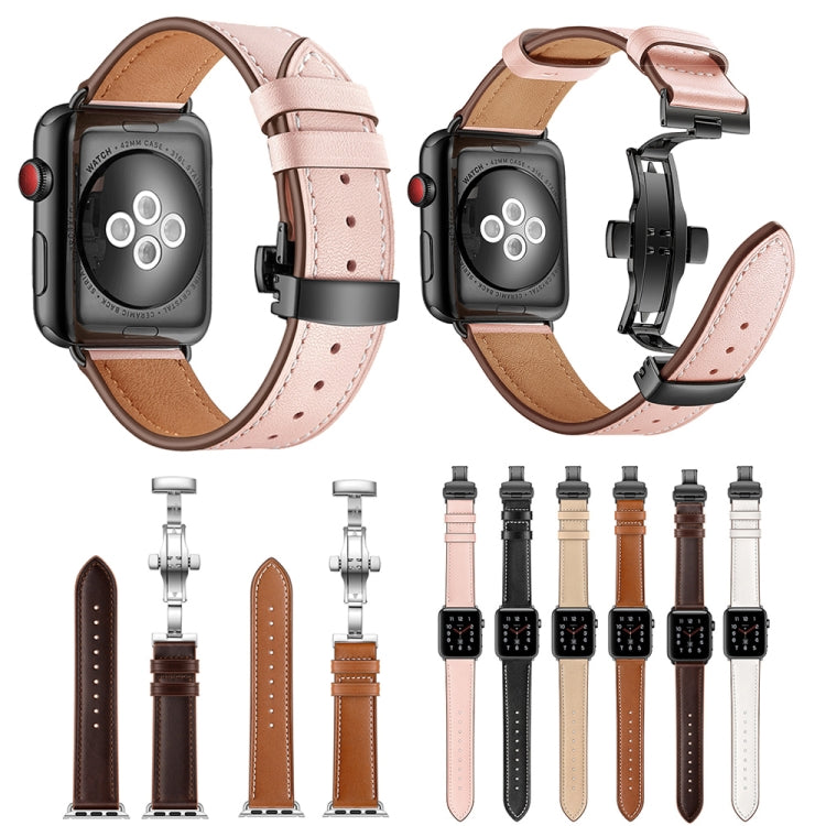 Genuine Leather + Butterfly Black Buckle Replacement Watchbands For Apple Watch Series 6 & SE & 5 & 4 44mm / 3 & 2 & 1 42mm, Black Buckle For Apple Watch Series 7 45mm / 6 & SE & 5 & 4 44mm / 3 & 2 & 1 42mm����������������������������������������������...