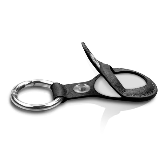 Top-layer leather AirTag cover in cognac brown, detachable key ring attachment