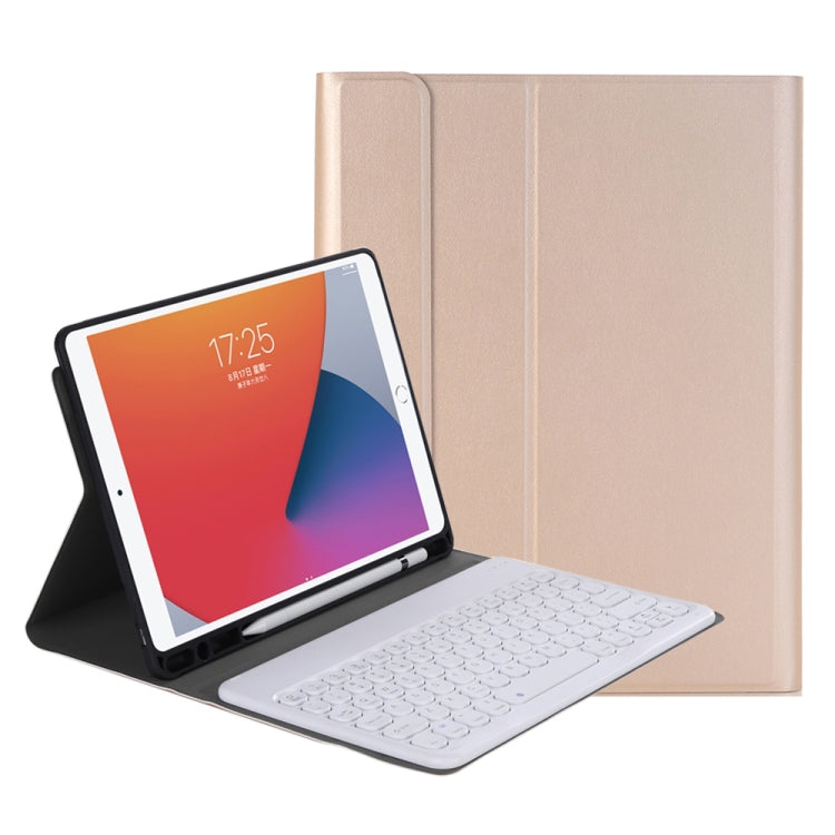 YA098B Detachable Lambskin Texture Round Keycap Bluetooth Keyboard Leather Case with Pen Slot & Stand