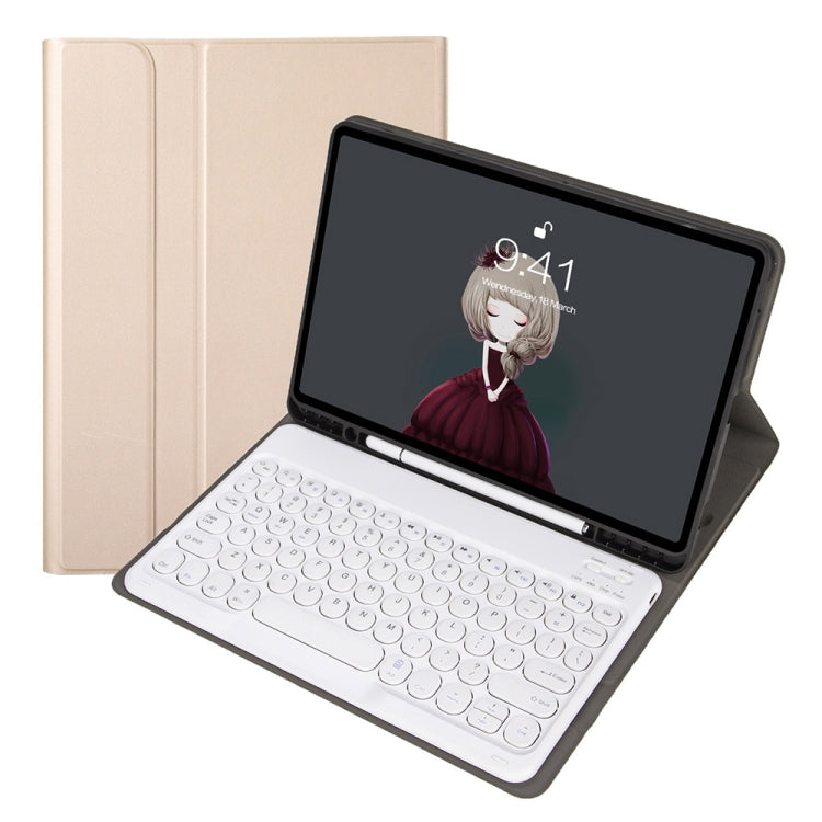YA098B Detachable Lambskin Texture Round Keycap Bluetooth Keyboard Leather Case with Pen Slot & Stand