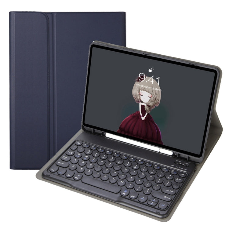 YA098B Detachable Lambskin Texture Round Keycap Bluetooth Keyboard Leather Case with Pen Slot & Stand