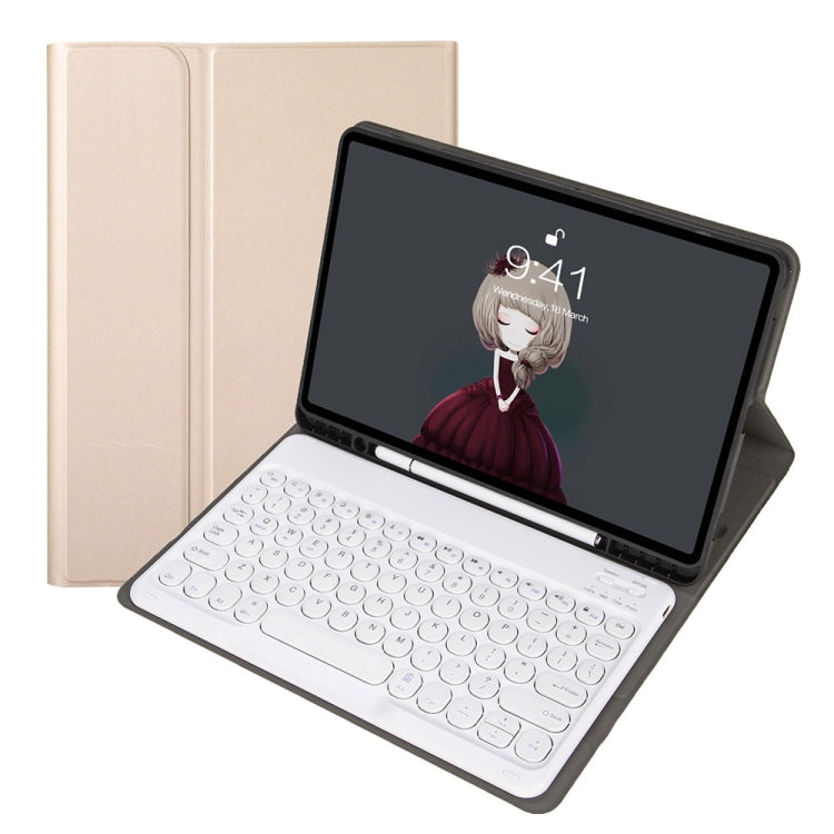 YA098B Detachable Lambskin Texture Round Keycap Bluetooth Keyboard Leather Case with Pen Slot & Stand