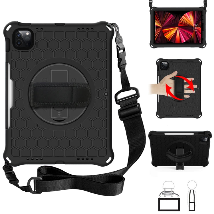 Coque de protection antichoc en silicone PC, rotation à 360 degrés, nid d'abeille, avec support, bandoulière et dragonne, pour iPad Pro 11 (2021) / (2020) / (2018)