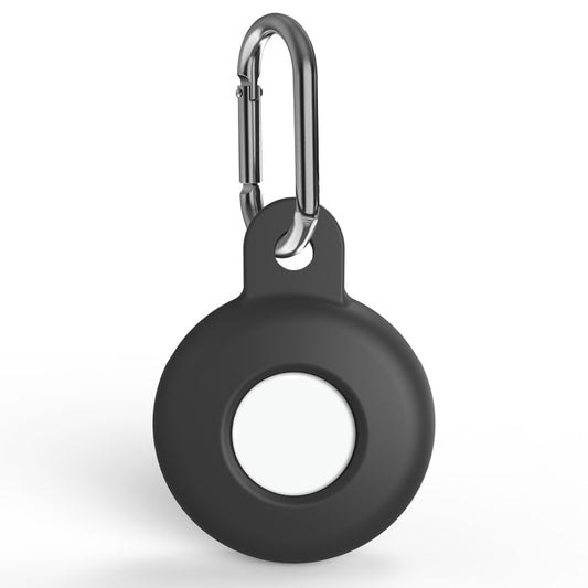 Silicone AirTag protective case with carabiner in black, front view