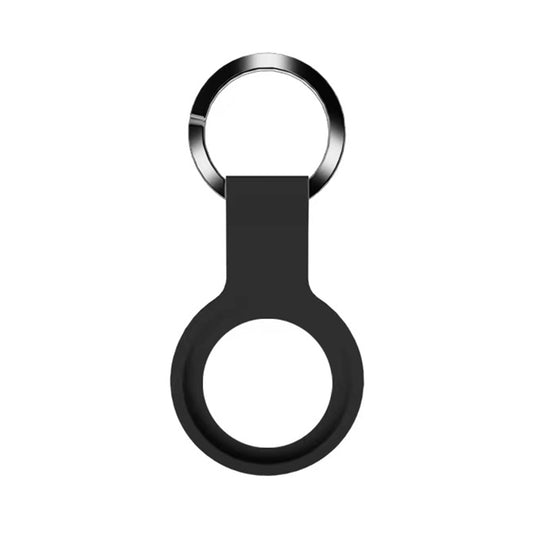 Flexible silicone case gripping AirTag first generation securely with attached metal key ring
