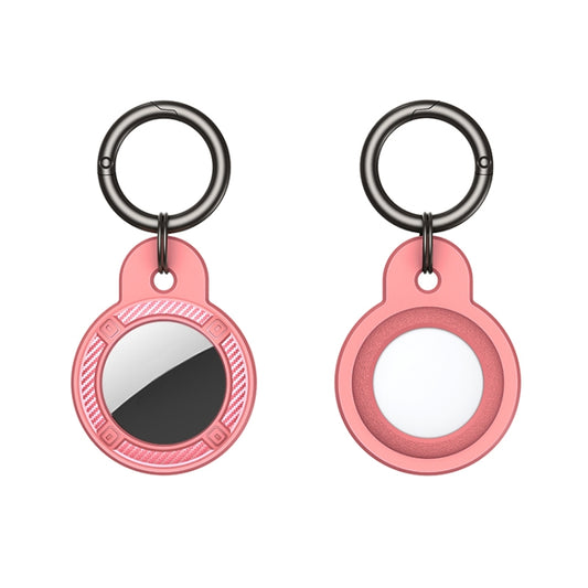 Durable carbon fiber AirTag protective case, sleek round shape with attached metal keychain ring