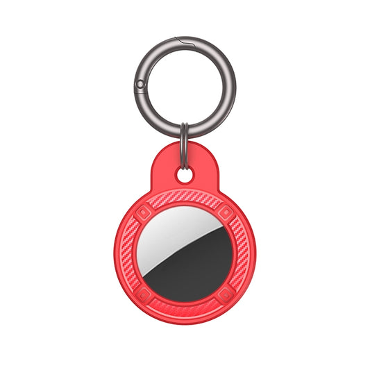 AirTag case keychain ring detail, sturdy metal attachment on carbon fiber protective cover