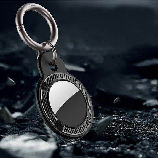 Side profile of round carbon fiber AirTag case, slim fit for both AirTag generations