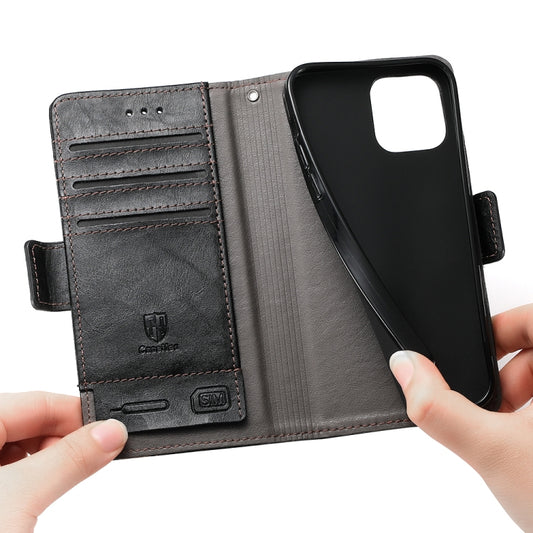 iPhone 11 Pro case detail view displaying multiple card slots, cash pocket, and quality magnetic buckle hardware