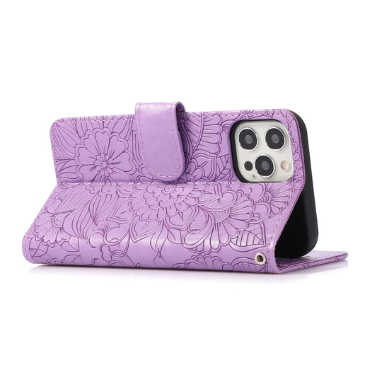 Leather case with debossed sunflower motif, multiple card slots, iPhone 12 Pro Max