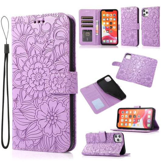 Embossed sunflower leather flip case for iPhone 11 Pro Max with card slots and lanyard
