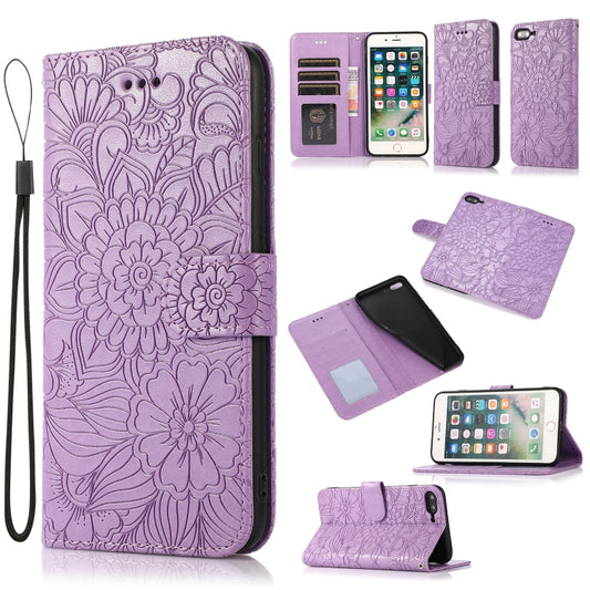 Embossed sunflower leather flip case for iPhone 7, 8, SE 2020 with card slots and lanyard