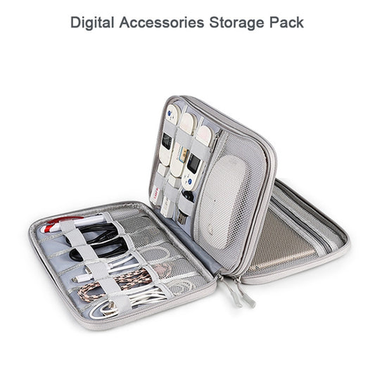 Tech storage bag opened to show spacious main compartment and organized accessory pockets
