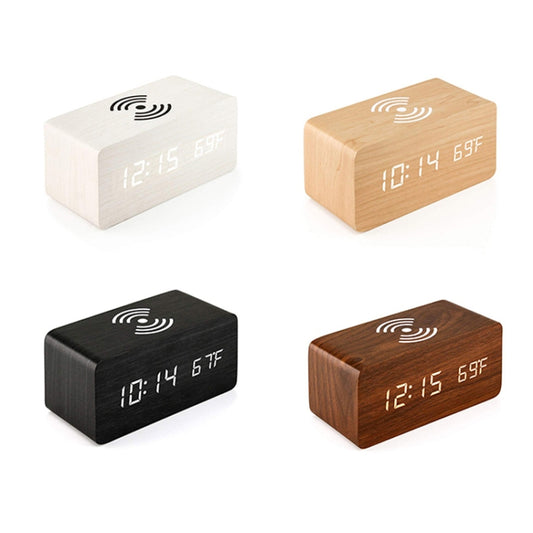 Wooden 5W wireless charger detail showing LED mirror display interface
