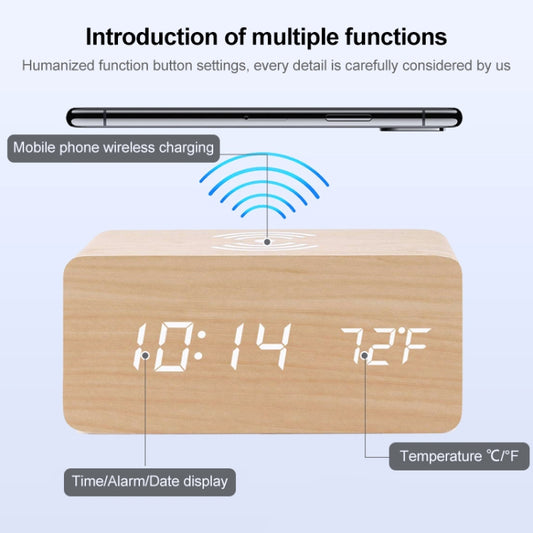 Compact wooden charging pad with built-in LED clock and mirror feature