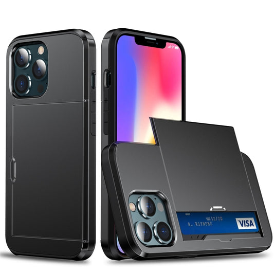 Shockproof armor protective case iPhone 13 Pro with slide card slot, matte black finish