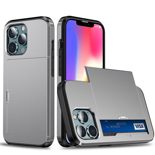 iPhone 13 Pro shockproof case with functional slide card slot, side angle view