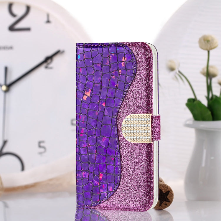 Laser Glitter Powder Matching Crocodile Texture Horizontal Flip Leather Case with Card Slots & Holder & Wallet